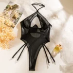 Sheer Mesh Panel Cut-Out Faux Leather Lingerie Bodysuit with Garter Straps - Image 18