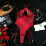 Sheer Mesh Panel Cut-Out Faux Leather Lingerie Bodysuit with Garter Straps - Image 25