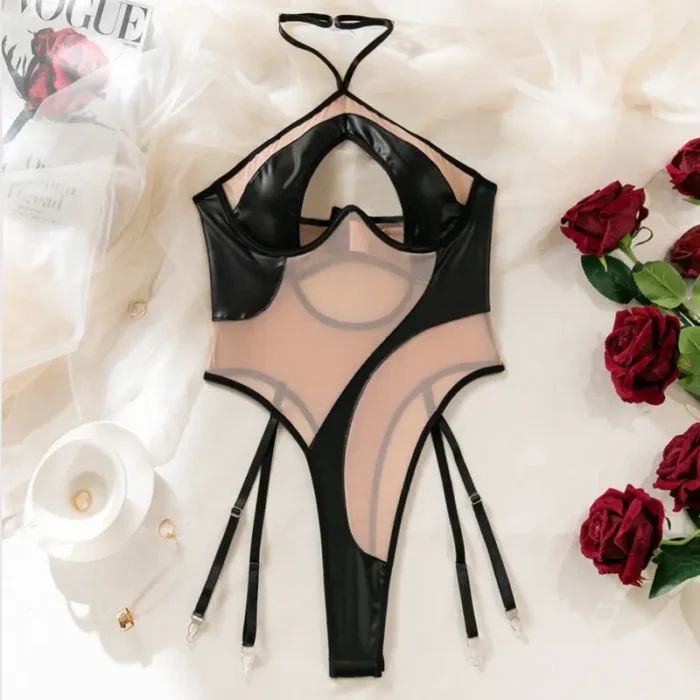 Sheer Mesh Panel Cut-Out Faux Leather Lingerie Bodysuit with Garter Straps - Image 9