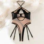 Sheer Mesh Panel Cut-Out Faux Leather Lingerie Bodysuit with Garter Straps - Image 10