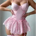 5 Pcs Lace Corset Babydoll Lingerie Set With Thong Garter Straps Stockings