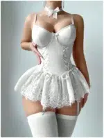 Lace Corset Style Babydoll Bodysuit Lingerie With Garter Straps - Image 15
