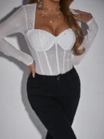 Sheer Mesh Rhinestone Long Sleeve Bodysuit with Corset Bustier - Image 11