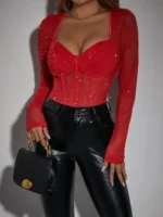 Sheer Mesh Rhinestone Long Sleeve Bodysuit with Corset Bustier - Image 15