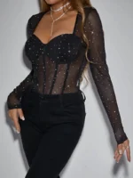 Sheer Mesh Rhinestone Long Sleeve Bodysuit with Corset Bustier - Image 3