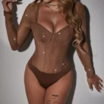 Sheer Mesh Rhinestone Long Sleeve Bodysuit with Corset Bustier - Image 28