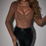 Sheer Mesh Rhinestone Long Sleeve Bodysuit with Corset Bustier - Image 29