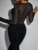 Sheer Mesh Rhinestone Long Sleeve Bodysuit with Corset Bustier - Image 4