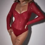 Sheer Mesh Rhinestone Long Sleeve Bodysuit with Corset Bustier - Image 34