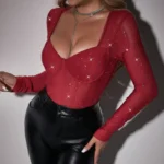 Sheer Mesh Rhinestone Long Sleeve Bodysuit with Corset Bustier - Image 37