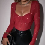 Sheer Mesh Rhinestone Long Sleeve Bodysuit with Corset Bustier - Image 39
