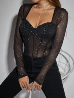 Sheer Mesh Rhinestone Long Sleeve Bodysuit with Corset Bustier - Image 6