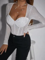 Sheer Mesh Rhinestone Long Sleeve Bodysuit with Corset Bustier - Image 9