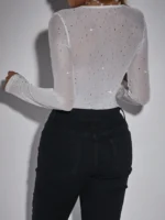 Sheer Mesh Rhinestone Long Sleeve Bodysuit with Corset Bustier - Image 10