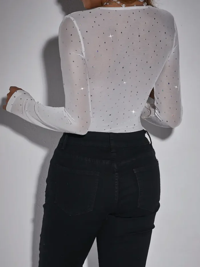 Sheer Mesh Rhinestone Long Sleeve Bodysuit with Corset Bustier - Image 10