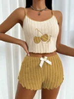 Cherry Embroidered Cami & Shorts Pajama Set With Bow Decor - Image 9