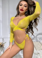 Sexy Lace Sheer Long Sleeve Lingerie Set with Wrap Crop Top and Tie-Side Thong - Image 5
