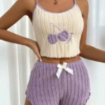 Cherry Embroidered Cami & Shorts Pajama Set With Bow Decor