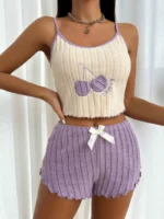 Cherry Embroidered Cami & Shorts Pajama Set With Bow Decor
