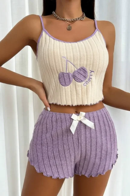 Cherry Embroidered Cami & Shorts Pajama Set With Bow Decor