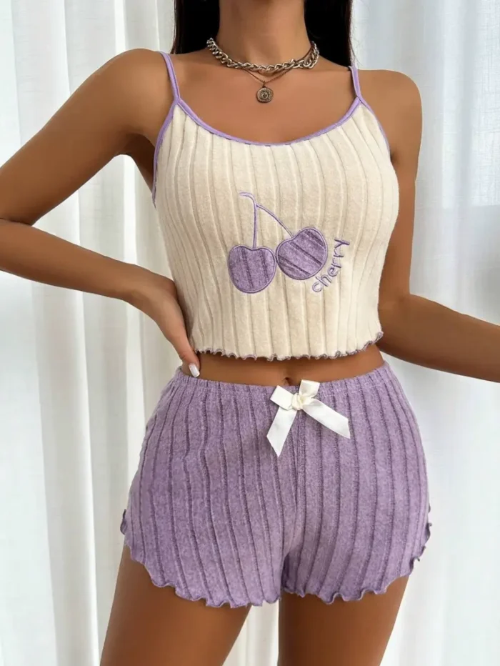 Cherry Embroidered Cami & Shorts Pajama Set With Bow Decor - Image 1