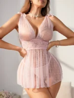 Sheer Polka Dot Lace Babydoll Lingerie with Deep V & Tie Straps - Image 11