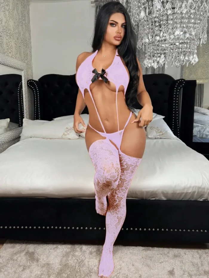 Sheer Lace Bowknot Garter Fishnet Bodystocking - Image 9