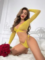 Sexy Lace Sheer Long Sleeve Lingerie Set with Wrap Crop Top and Tie-Side Thong