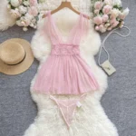 Sheer Polka Dot Lace Babydoll Lingerie with Deep V & Tie Straps - Image 12