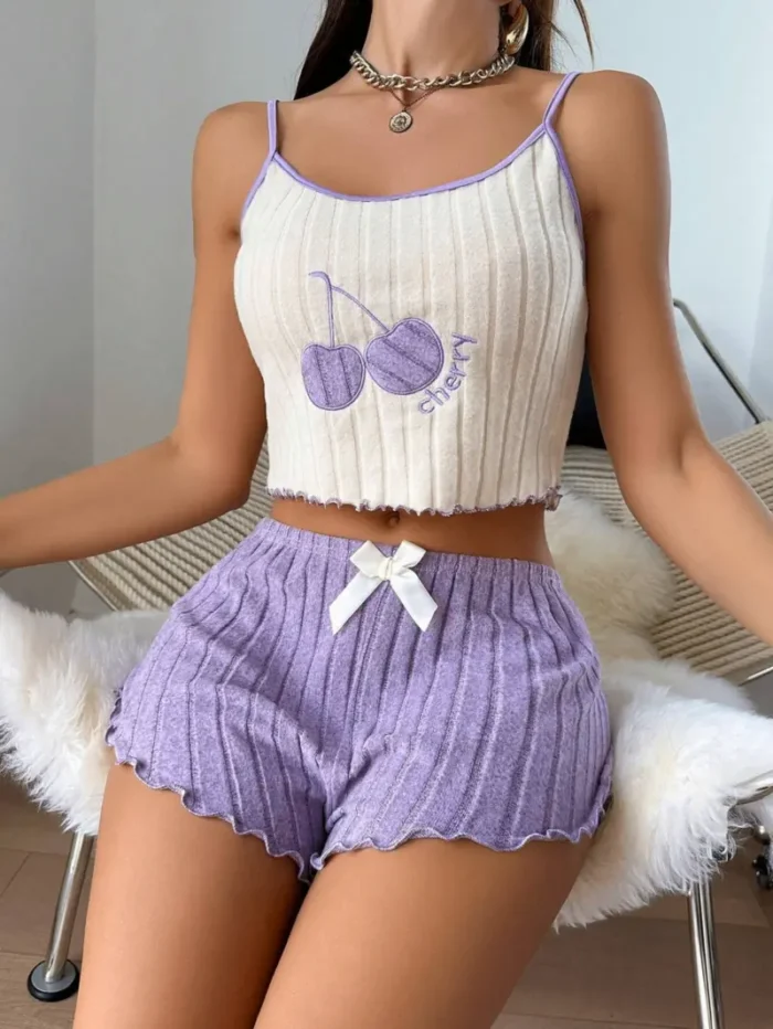 Cherry Embroidered Cami & Shorts Pajama Set With Bow Decor - Image 6