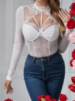 Long Sleeve High Neck Sheer Lace Mesh Bodysuit - Image 7
