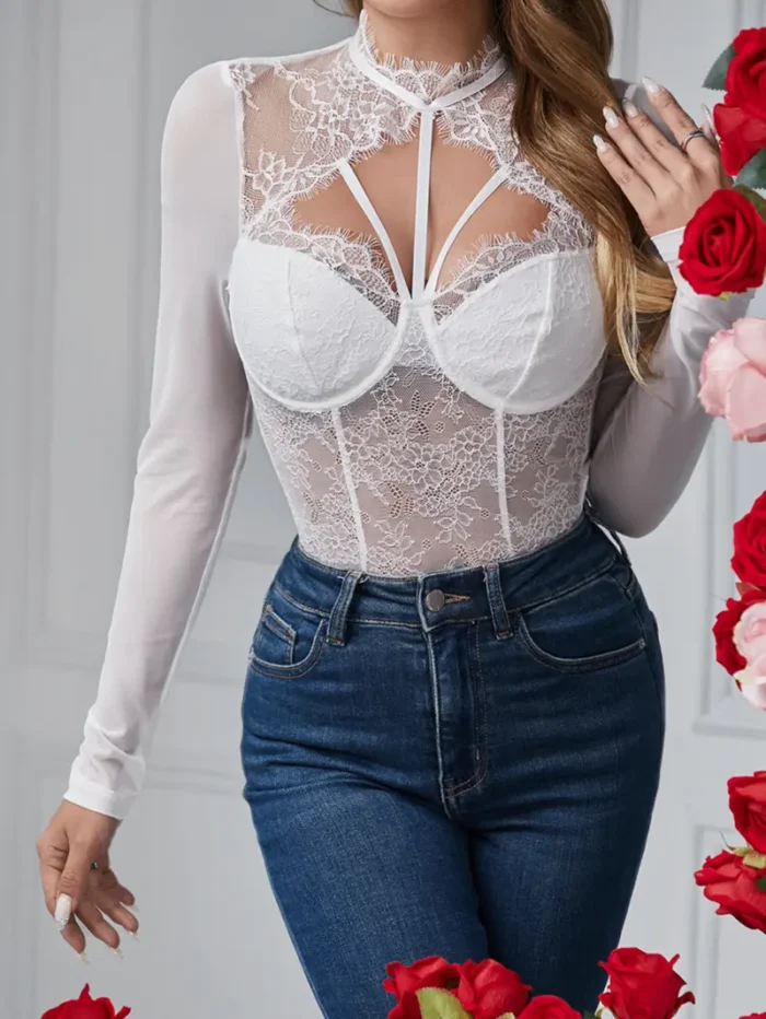 Long Sleeve High Neck Sheer Lace Mesh Bodysuit - Image 7