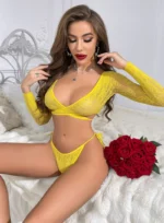 Sexy Lace Sheer Long Sleeve Lingerie Set with Wrap Crop Top and Tie-Side Thong - Image 6