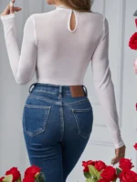 Long Sleeve High Neck Sheer Lace Mesh Bodysuit - Image 8