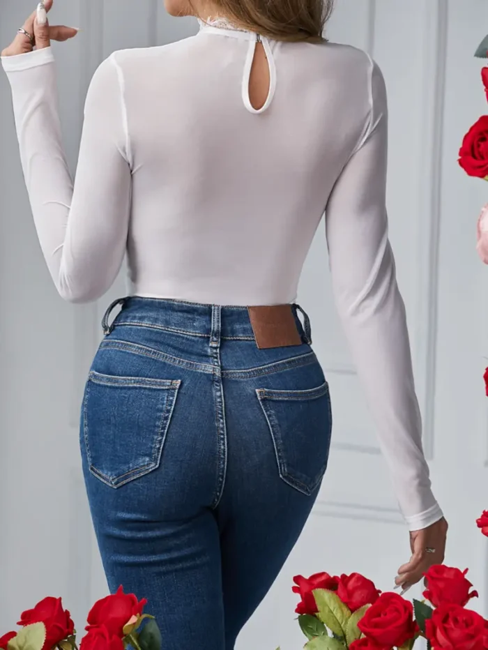 Long Sleeve High Neck Sheer Lace Mesh Bodysuit - Image 8