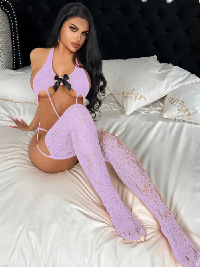 Sheer Lace Bowknot Garter Fishnet Bodystocking - Image 13