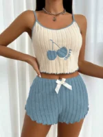 Cherry Embroidered Cami & Shorts Pajama Set With Bow Decor - Image 8