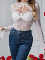 Long Sleeve High Neck Sheer Lace Mesh Bodysuit - Image 11