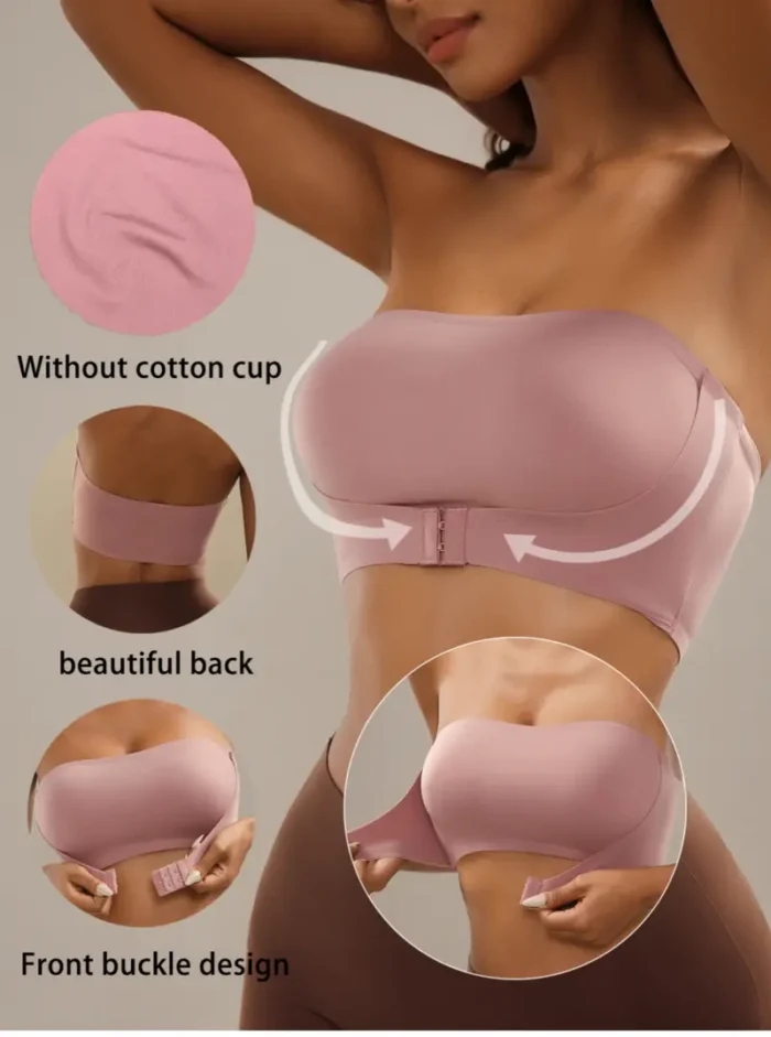 Front Closure Strapless Bandeau Padded Comfortable Wireless Bra - Image 15