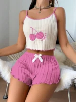 Cherry Embroidered Cami & Shorts Pajama Set With Bow Decor - Image 7