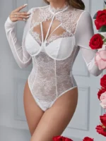 Long Sleeve High Neck Sheer Lace Mesh Bodysuit - Image 10