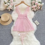 Sheer Polka Dot Lace Babydoll Lingerie with Deep V & Tie Straps - Image 13