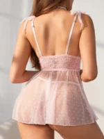 Sheer Polka Dot Lace Babydoll Lingerie with Deep V & Tie Straps - Image 9