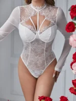 Long Sleeve High Neck Sheer Lace Mesh Bodysuit - Image 9