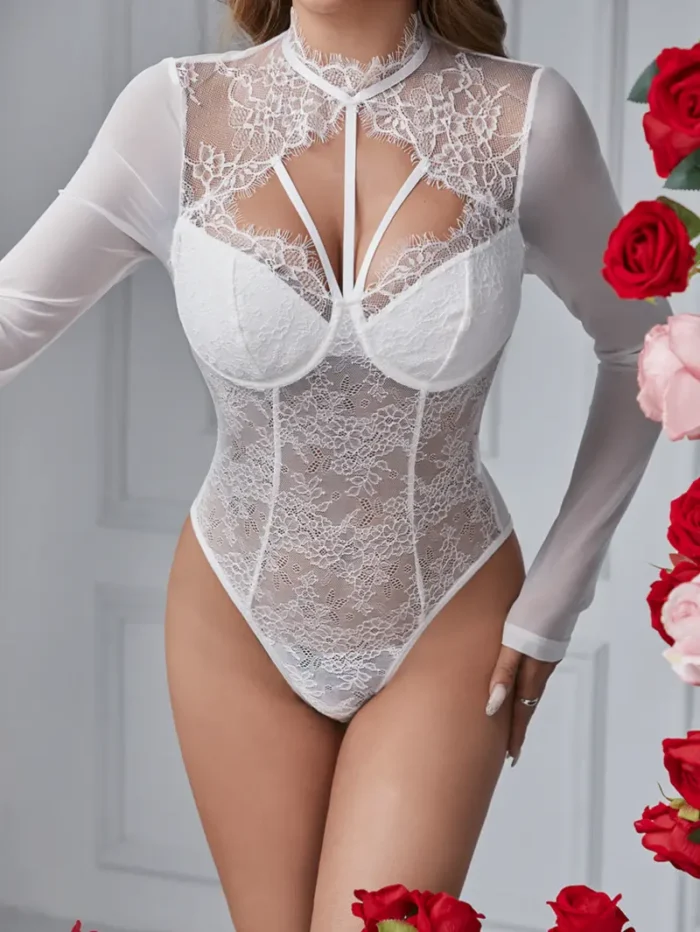 Long Sleeve High Neck Sheer Lace Mesh Bodysuit - Image 9