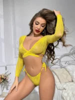 Sexy Lace Sheer Long Sleeve Lingerie Set with Wrap Crop Top and Tie-Side Thong - Image 3