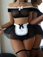 Sexy Sheer Black Lace French Maid Costume with Apron and Bow Trim - Image 5