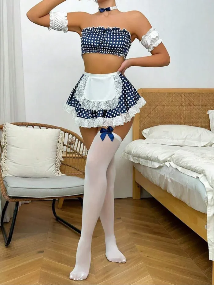 Cute Blue Gingham Lace Trim French Maid Costume with Apron and Bow Decor - Image 6