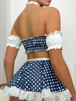 Cute Blue Gingham Lace Trim French Maid Costume with Apron and Bow Decor - Image 4