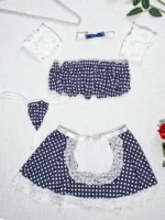 Cute Blue Gingham Lace Trim French Maid Costume with Apron and Bow Decor - Image 8